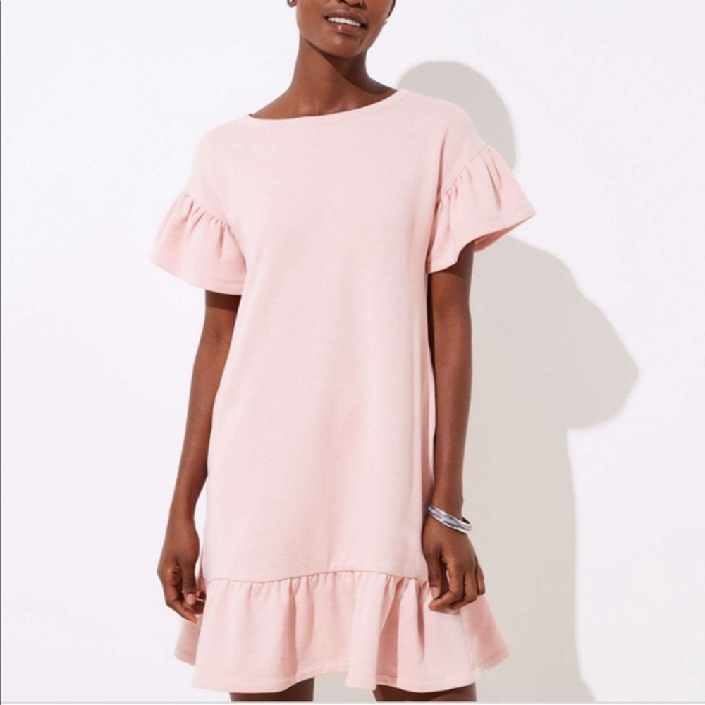 NWT Loft pink sweatshirt dress with flounce trim sleeves and hemline - Picture 9 of 9